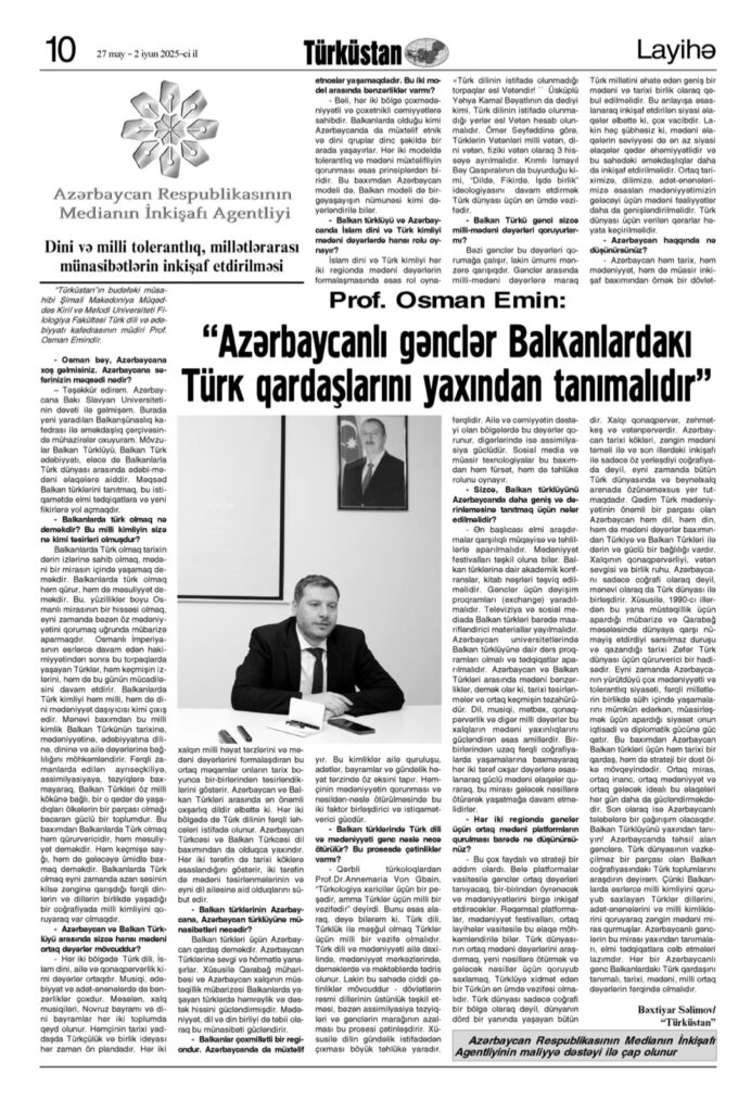 Prof. Dr. Osman Emin: “Azerbaycanlı gençler Balkanlardaki Türk kardeşlerini yakından tanımalıdır”