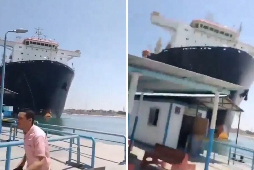 Süveyş Kanalı’nda korku dolu anlar: Dev yük gemisi limana çarptı!